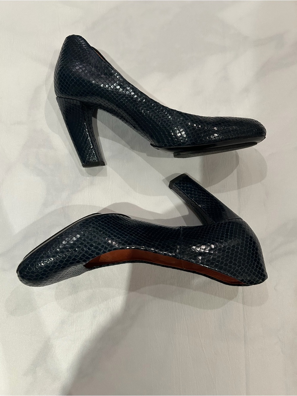 Dries Van Noten Navy Snake-Embossed Mid Heel Pumps